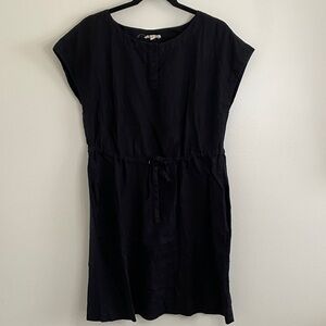 Eileen Fisher Black Organic Linen Dress Drawstring Cap sleeve  size Small